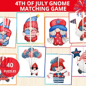 Jeu d'association du 4 juillet,association des gnomes,casse-tête de symétrie,activité d'association d'été,jeu de la fête de l'indépendance des États-Unis,4 juillet,jeu de cartes d'association,prek