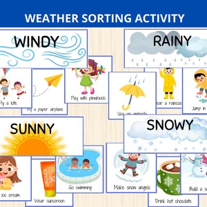 Könnte beinhalten: Ein Wettersortieraktivitätsdiagramm mit Illustrationen für windige, regnerische, sonnige und verschneite Tage. Enthält Bilder von Kindern, die Drachen steigen lassen, Regenmäntel tragen, schwimmen und Schneemänner bauen. Der Text enthält "Weather Sorting Activity".
