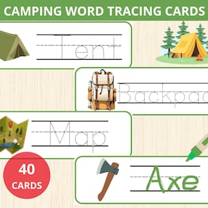 Tarjetas de rastreo de palabras para acampar, montessori para acampar, tarjetas didácticas para acampar, preescolar, actividad de escritura a mano, tarjeta de vocabulario para acampar, práctica de escritura a mano