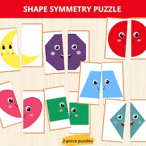 Może przedstawiać: Zestaw puzzli Shape Symmetry składający się z dwuczęściowych układanek z rysunkowymi twarzami na różnych kształtach, w tym żółtym półksiężycu, fioletowym ośmiokącie, czerwonym kole, niebieskim trapezie, różowym sercu, zielonym kwadracie i turkusowym rombie.
