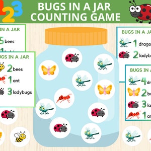 Peut inclure: Un jeu de comptage pour enfants avec un pot rempli d'insectes colorés, dont des coccinelles, des papillons, des libellules, des abeilles et des fourmis. Le jeu comprend des cartes avec différents types d'insectes et des nombres à compter.