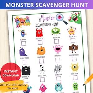 Monster Scavenger Hunt,Monster Game with picture cards to hide,Monster Game Birthday party,monster treasure hunt,funny monsters cards kids