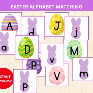 Pode incluir: Jogo de correspondência do alfabeto com tema de Páscoa com ovos de Páscoa coloridos e formas de coelhinho. O jogo inclui letras maiúsculas e minúsculas, com o texto "EASTER ALPHABET MATCHING" e "INSTANT DOWNLOAD".
