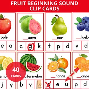Tarjetas con sonidos iniciales de frutas, Montessori preescolar, fonética de frutas, sonidos de letras de frutas, sonidos iniciales de frutas, estudio de unidad de frutas, abc