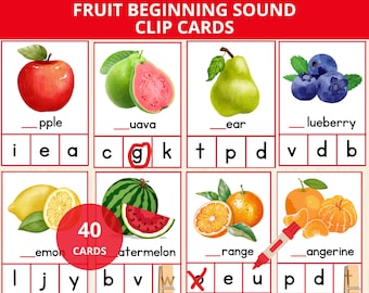 fruit Beginning Sound Clip Cards,fruit Montessori Preschool,fruit Phonics,fruit Letter Sounds,fruits initial sounds,fruit unit study,abc