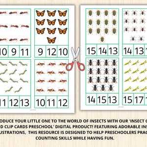 Puede incluir: Tarjetas educativas de conteo de insectos con ilustraciones de hormigas, mariposas, orugas, grillos, escarabajos, ara&ntilde;as, moscas y mantis religiosas. Se muestran los n&uacute;meros 9-17. El texto dice: &iexcl;INTRODUCE A TU PEQUE&Ntilde;O EN EL MUNDO DE LOS INSECTOS CON NUESTRO PRODUCTO DIGITAL 'INSECT COUNT AND CLIP CARDS PRESCHOOL'!