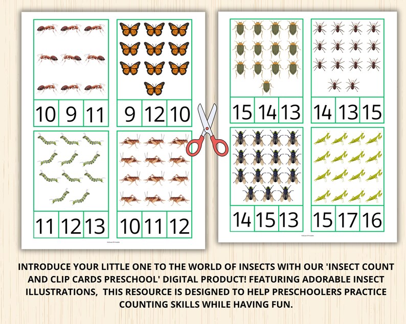 Puede incluir: Tarjetas educativas de conteo de insectos con ilustraciones de hormigas, mariposas, orugas, grillos, escarabajos, ara&ntilde;as, moscas y mantis religiosas. Se muestran los n&uacute;meros 9-17. El texto dice: &iexcl;INTRODUCE A TU PEQUE&Ntilde;O EN EL MUNDO DE LOS INSECTOS CON NUESTRO PRODUCTO DIGITAL 'INSECT COUNT AND CLIP CARDS PRESCHOOL'!