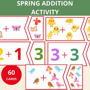 May include: A set of 60 spring-themed addition flash cards. Each card features a colorful illustration of butterflies, chicks, or birds, along with corresponding numbers for addition problems. The cards are designed to help children learn basic addition skills.