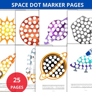 Peut inclure: 25 pages de marqueurs à points sur le thème de l'espace imprimables pour les enfants. Les pages présentent un soleil, des planètes, une comète, une fusée, un trou noir et un vaisseau spatial extraterrestre. Chaque page présente un contour blanc de l'objet spatial avec des cercles blancs à l'intérieur pour que les enfants puissent les colorier avec des marqueurs à points.