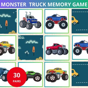 Juego de memoria de Monster Truck, Actividad de emparejamiento de Monster Truck, Juego de cartas de memoria, Juego preescolar de Monster Truck, Actividad de emparejamiento, Actividad para niños pequeños