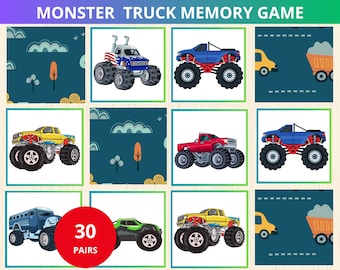 Monsters truck Memory Game,Monster truck Matching Activity,Memory Card Game,Monsters truck preschool Game,matching activity,Toddler Activity