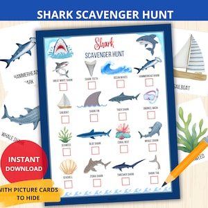 May include: A shark-themed scavenger hunt game with a blue border, featuring illustrations of various shark species and related items. Includes the text "Shark Scavenger Hunt" and "Instant Download". A pencil rests on the side.