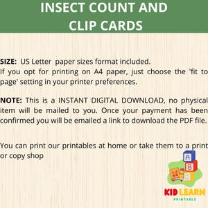 Puede incluir: Descarga digital titulada "INSECT COUNT AND CLIP CARDS". Se incluyen instrucciones para imprimir en tama&ntilde;os de papel US Letter y A4. La imagen tambi&eacute;n presenta un logotipo con bloques coloridos y el texto "KID LEARN PRINTABLE".