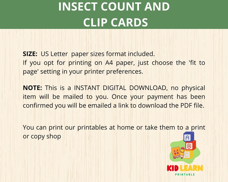 Puede incluir: Descarga digital titulada "INSECT COUNT AND CLIP CARDS". Se incluyen instrucciones para imprimir en tama&ntilde;os de papel US Letter y A4. La imagen tambi&eacute;n presenta un logotipo con bloques coloridos y el texto "KID LEARN PRINTABLE".
