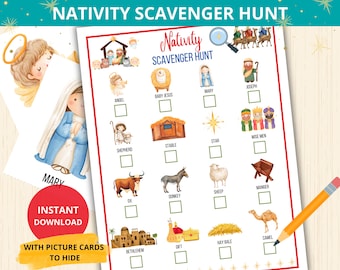 Nativity Scavenger Hunt,christmas scavenger with card,Nativity Scene,Nativity Christmas flash card,Church Christmas activity,jesus birth gam