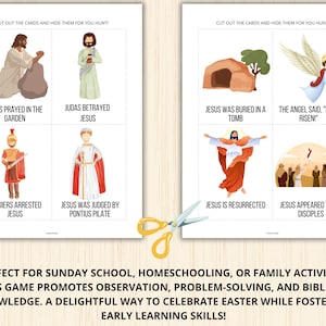 Pode incluir: Um jogo de P&aacute;scoa imprim&iacute;vel para crian&ccedil;as com oito cartas ilustradas que representam cenas da hist&oacute;ria da P&aacute;scoa. Os cart&otilde;es incluem imagens de Jesus orando no jardim, Judas traindo Jesus, Jesus sendo julgado por P&ocirc;ncio Pilatos, soldados prendendo Jesus, Jesus sendo sepultado em um t&uacute;mulo, o anjo dizendo "Ele ressuscitou", Jesus ressuscitado e Jesus aparecendo para seus disc&iacute;pulos. O texto "Recorte os cart&otilde;es e esconda-os para sua ca&ccedil;a!" aparece no topo da p&aacute;gina.