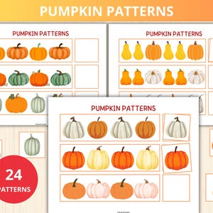 Könnte beinhalten: Eine Sammlung von druckbaren Arbeitsblättern mit verschiedenen Kürbismustern. Die Arbeitsblätter zeigen Reihen von illustrierten Kürbissen in verschiedenen Farben und Formen, mit dem Titel "PUMPKIN PATTERNS" oben. Ein roter Kreis mit dem Text "24 PATTERNS" ist ebenfalls sichtbar.