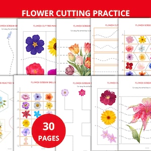 May include: A set of 30 flower cutting practice sheets. Each page displays colourful floral illustrations with dotted lines for scissor practice. The text "FLOWER CUTTING PRACTICE" is at the top, with "30 PAGES" in a red circle.