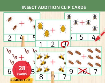 Tarjetas de suma con insectos, actividad matemática con insectos, tarjetas matemáticas con insectos, suma con insectos para preescolar, actividad con insectos para niños, unidad de estudio sobre insectos, práctica de suma