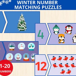 Winternummerkaarten, wintertelkaarten, winternummers matchen, winterkerstpuzzel, cijferpuzzel, wiskundepuzzel, cijfers 1-10, wiskundige vaardigheden, pre-k
