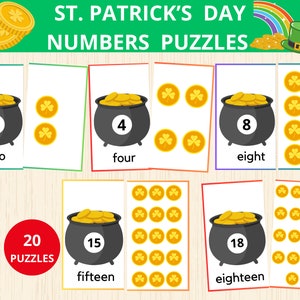 May include: St. Patrick's Day themed educational game with 20 puzzles.  Each puzzle features a black cauldron with gold coins and a number.  The number of coins corresponds to the number on the cauldron.  The words 'two', 'four', 'eight', 'fifteen', and 'eighteen' are also included.
