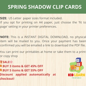 Op de afbeelding: Een digitale downloadafbeelding met de tekst "SPRING SHADOW CLIP CARDS" in een groene banner. De tekst bevat informatie over het product, papierformaten en een uitverkoop. Een kleurrijk "KID LEARN PRINTABLE"-logo staat rechtsonder.