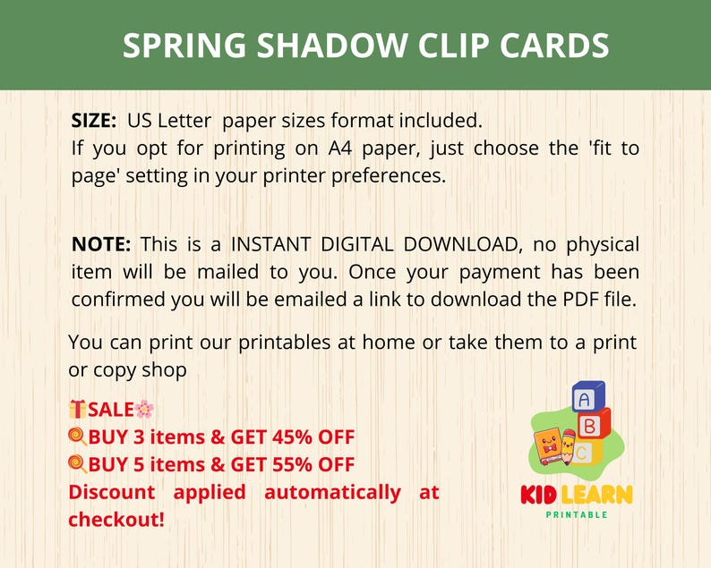 Op de afbeelding: Een digitale downloadafbeelding met de tekst "SPRING SHADOW CLIP CARDS" in een groene banner. De tekst bevat informatie over het product, papierformaten en een uitverkoop. Een kleurrijk "KID LEARN PRINTABLE"-logo staat rechtsonder.