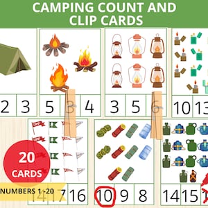 Tarjetas para contar y recortar para acampar, números del 1 al 20, tarjetas didácticas para acampar, campamento de verano, campamento de conteo, actividades de conteo, matemáticas Montessori, preescolar