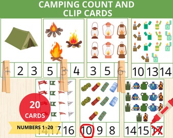 camping count and clip cards,numbers 1-20,camping flashcards,summer camping,counting camping,Counting Activities,montessori math,preschool