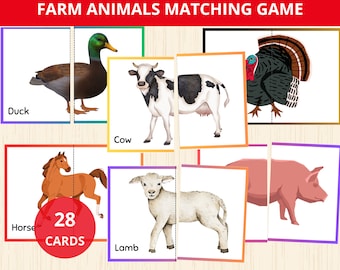 Gioco di abbinamento di animali da fattoria, Coppia di puzzle di animali da fattoria, puzzle di simmetria, Attività di abbinamento di animali, Carte da abbinare, Abbinamento simmetrico, Puzzle di animali
