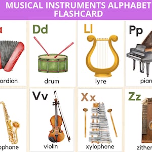 Tarjetas del alfabeto de instrumentos musicales, tarjetas didácticas de instrumentos musicales, montessori de música, tarjetas didácticas del alfabeto, tarjetas didácticas del ABC, actividad musical, letras