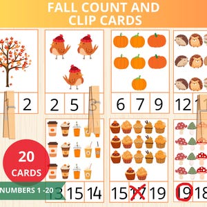 Cartões de contagem de outono, contagem e clipe de outono, outono montessori, ensino em casa, cartões de contagem, matemática do jardim de infância, outono pré-escolar, prek de matemática