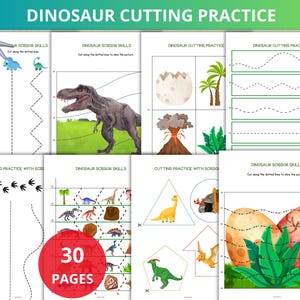 May include: A collection of 30 pages of dinosaur-themed cutting practice worksheets. The pages feature various dinosaur illustrations, dotted lines for cutting practice, and the text "DINOSAUR CUTTING PRACTICE" and "DINOSAUR SCISSOR SKILLS".
