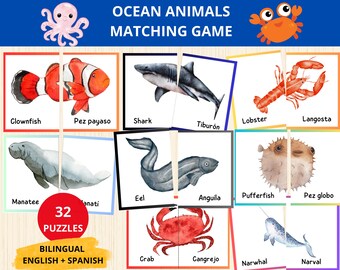 Bilingual Ocean Animals Matching Game: Montessori Cards (Digital Download)