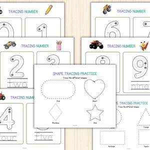 May include: Educational tracing practice sheets for numbers and shapes. Each sheet features a number or shape outline for tracing, along with the written word. Includes illustrations of a monster truck and pencil.