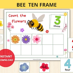 Bee Ten Frame,bee printable,Numbers 1-10 Count and Match,bee Flashcards,insect activities,Preschool,Homeschool,Kindergarten,Pre-K Counting