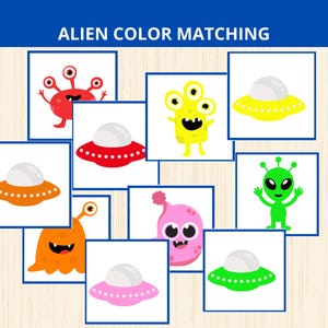 May include: A collection of colorful alien-themed flashcards for a color-matching game. The cards feature various cartoon aliens in red, yellow, green, orange, and pink, along with matching UFOs in corresponding colors. The title "ALIEN COLOR MATCHING" is displayed at the top.