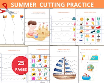 Habilidades con tijeras en verano, práctica de corte en verano, corte de tiras en verano, corte de tiras con tijeras en verano, líneas de corte, preescolar en verano, actividades para preescolar