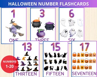 Puede incluir: Tarjetas didácticas de números con temática de Halloween con ilustraciones de brujas, calderos, fantasmas, gatos y calabazas. Cada tarjeta muestra un número del 1 al 20, junto con la palabra correspondiente. Las tarjetas tienen un borde morado y azul.