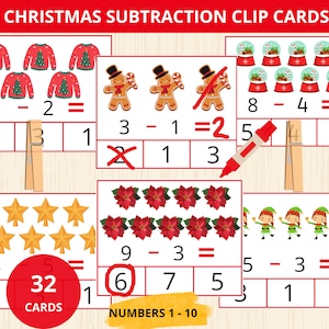 Könnte beinhalten: Weihnachtliche Subtraktions-Clipkarten mit festlichen Illustrationen von Pullovern, Lebkuchenmännern, Schneekugeln, Weihnachtssternen und Elfen. Die Karten enthalten Subtraktionsaufgaben mit den Zahlen 1-10 und insgesamt 32 Karten.