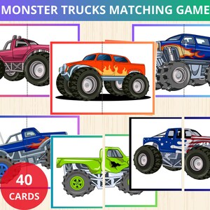May include: A set of 40 matching cards featuring colorful monster trucks with different designs. The cards are perfect for a fun and educational game for kids.