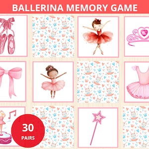 May include: A ballerina memory game with 30 pairs of cards. The cards feature images of ballerinas, tiaras, ballet shoes, bows, and patterns.
