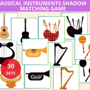 Cartões de correspondência de sombra de instrumentos musicais, atividade pré-escolar de música, instrumentos musicais, música montessori, sombra montessori, correspondência de sombra, kinder