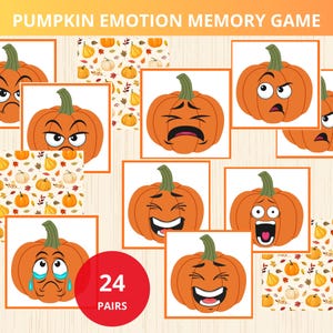 May include: A Pumpkin Emotion Memory Game featuring 24 pairs of square cards. Each card displays an orange pumpkin with a distinct facial expression, including happy, sad, angry, and surprised. The set includes patterned backing cards.