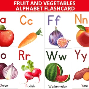 Cartes-éclair de l'alphabet sur les fruits et légumes, carte de vocabulaire sur les fruits et légumes, alphabet de A à Z, activité d'apprentissage sur les fruits, légumes pour enfants d'âge préscolaire