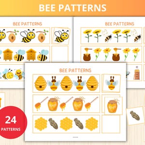 Puede incluir: Una hoja de trabajo imprimible con 24 patrones de abejas para niños. La hoja de trabajo presenta imágenes de abejas, panales, tarros de miel y flores. El texto "BEE PATTERNS" aparece en la parte superior de la página.