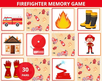Firefighter Memory game,Firefighter Matching Game,fireman birthday party kids,fire truck game,preschool fire safety,classroom fire week prek