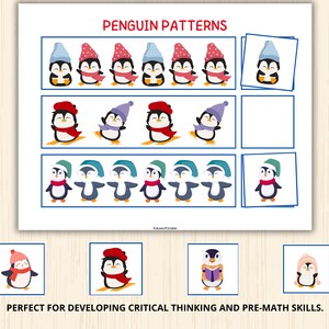 May include: A printable worksheet with penguin patterns. The worksheet has a title "Penguin Patterns" and includes a variety of penguin illustrations with different colored hats. The worksheet is designed for developing critical thinking and pre-math skills.