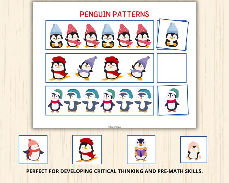 May include: A printable worksheet with penguin patterns. The worksheet has a title "Penguin Patterns" and includes a variety of penguin illustrations with different colored hats. The worksheet is designed for developing critical thinking and pre-math skills.