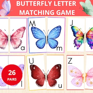 Juego de emparejamiento de letras de mariposa, juego de emparejamiento para niños pequeños, aprendizaje del abecedario, emparejamiento del alfabeto, tarjetas de simetría, tarjetas del alfabeto, Montessori, emparejamiento del alfabeto